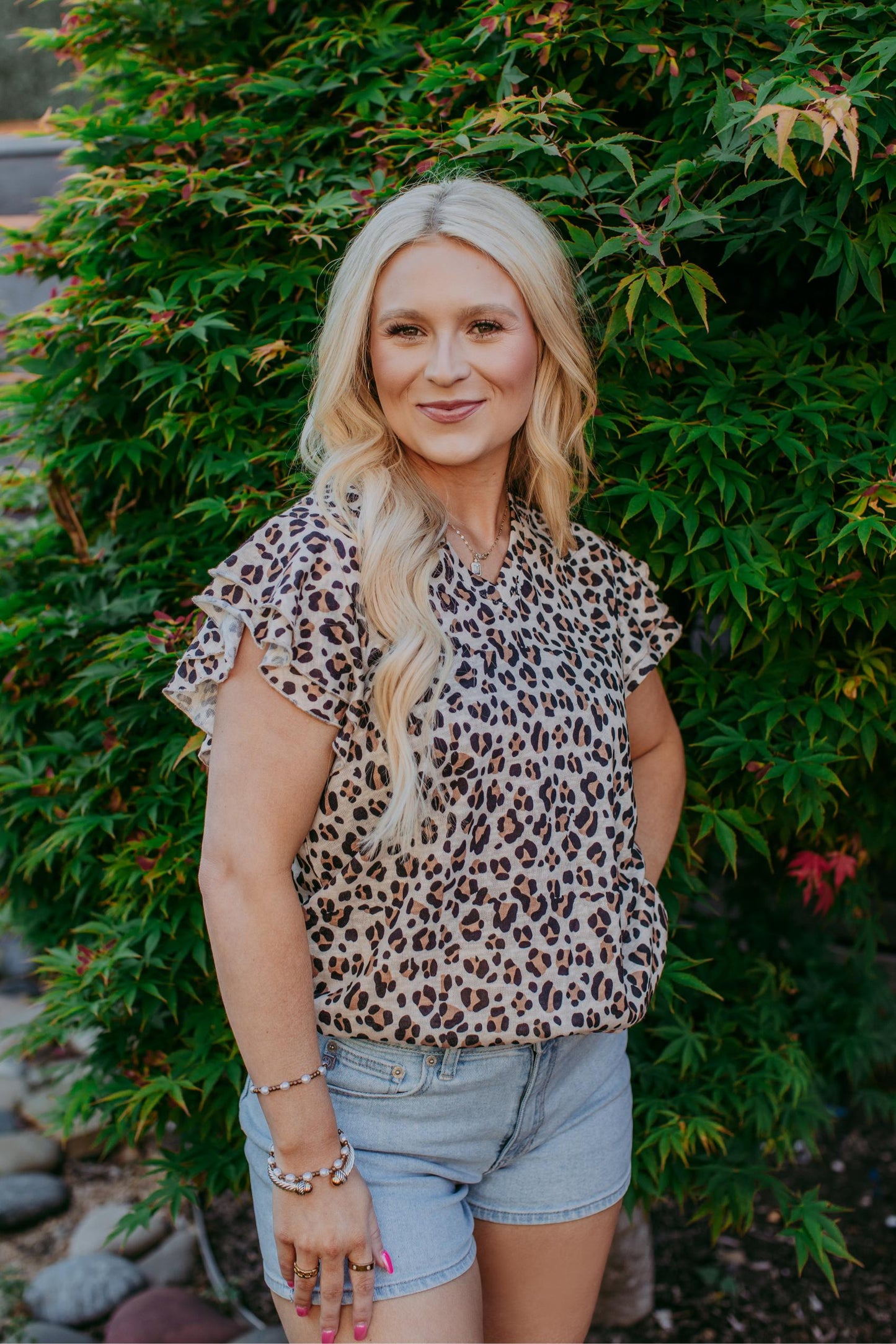 MK669 Leopard Print Ruffled Sleeve Blouse