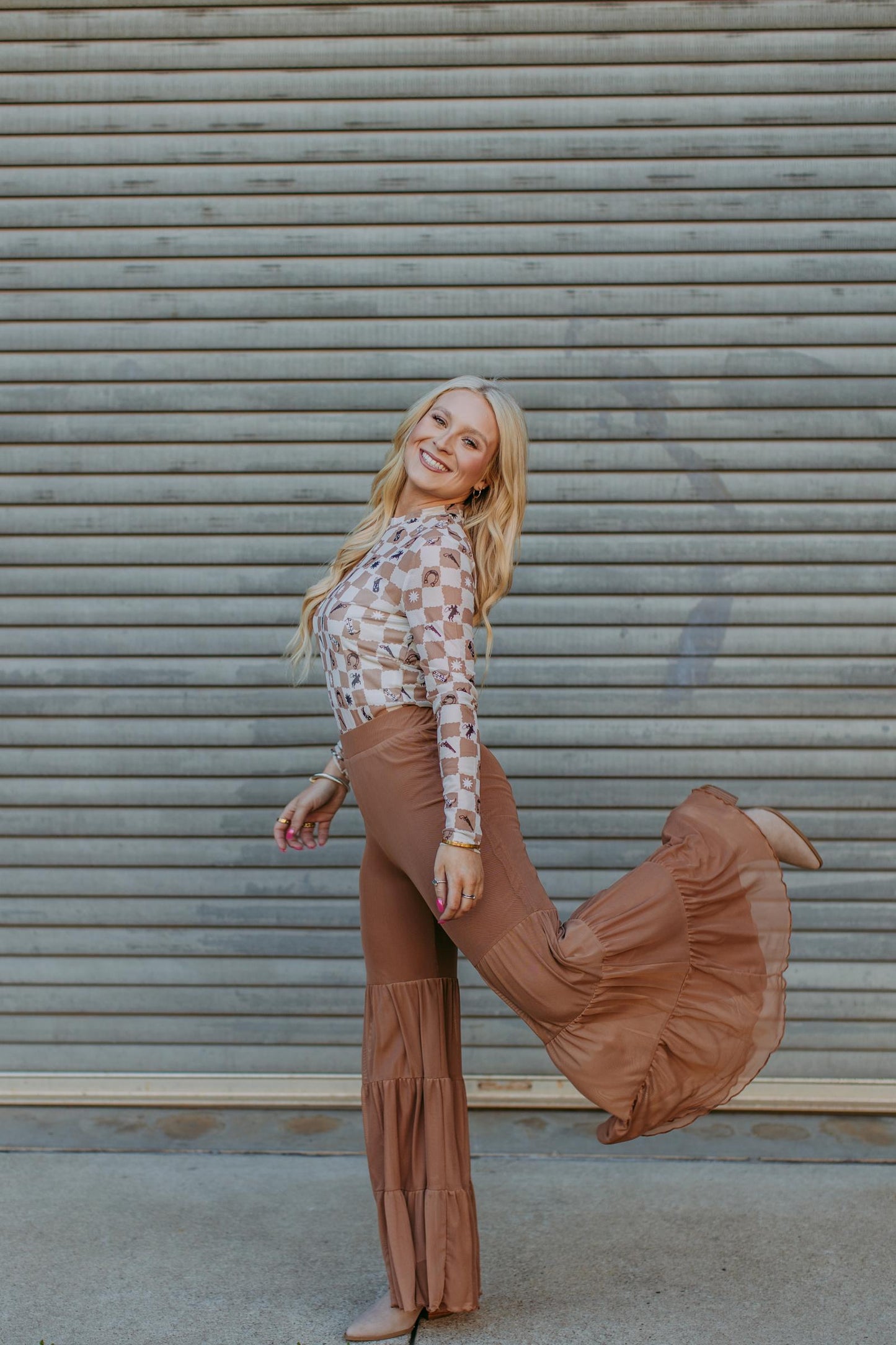 MK712 Mesh Ruffled Bell Pants