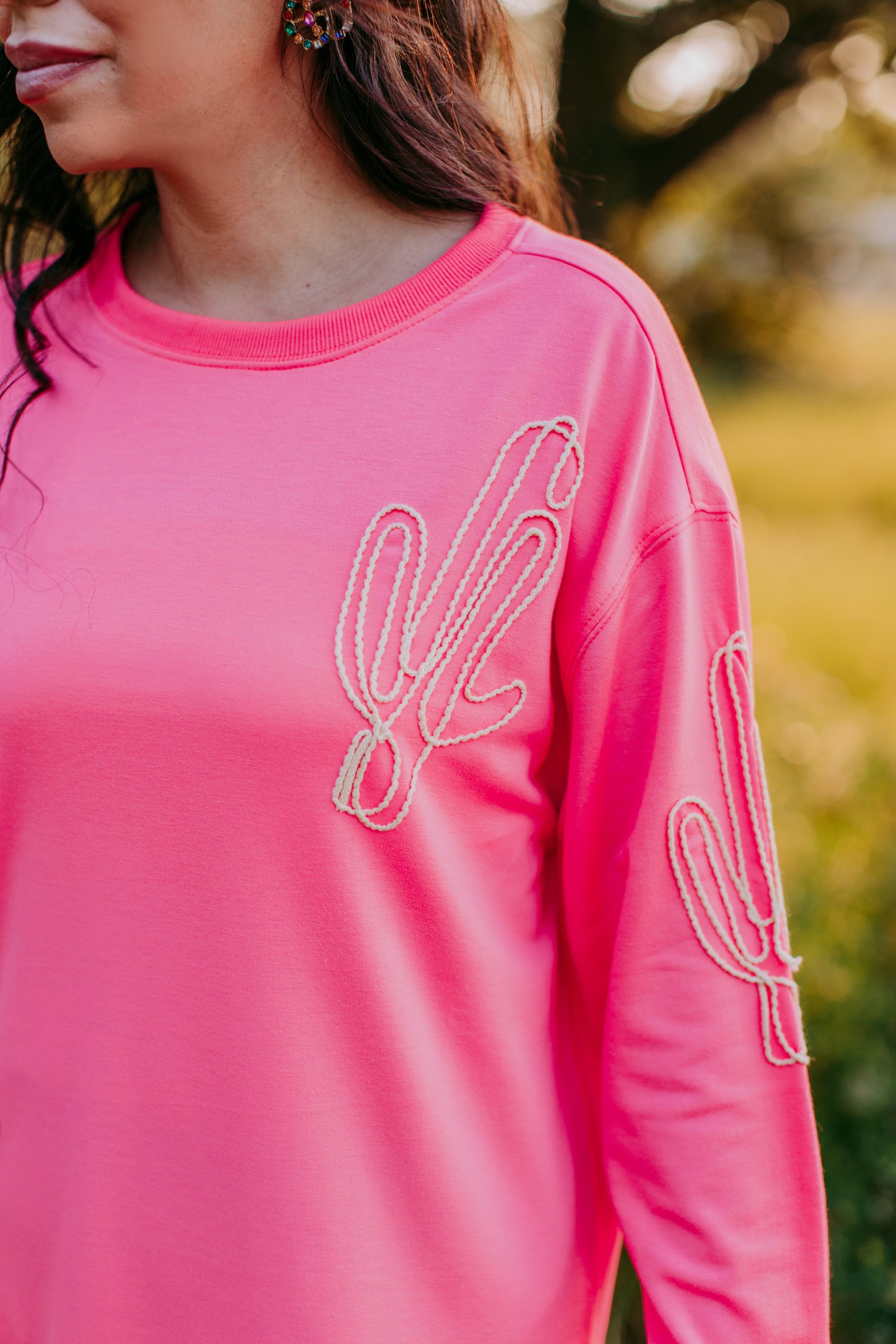 MK371 Cactus Line Embroidery Light Weight Sweatshirt Pink