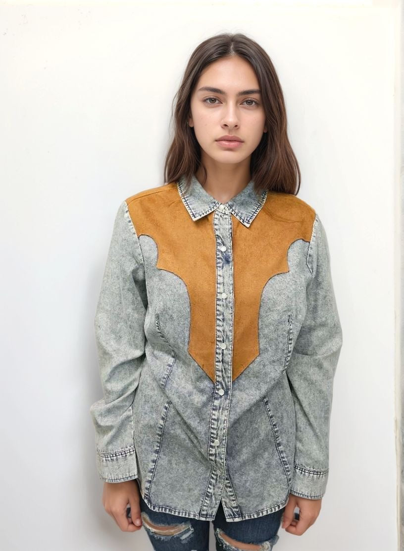 MK778 Denim Pearl Snap Button Down Shirt