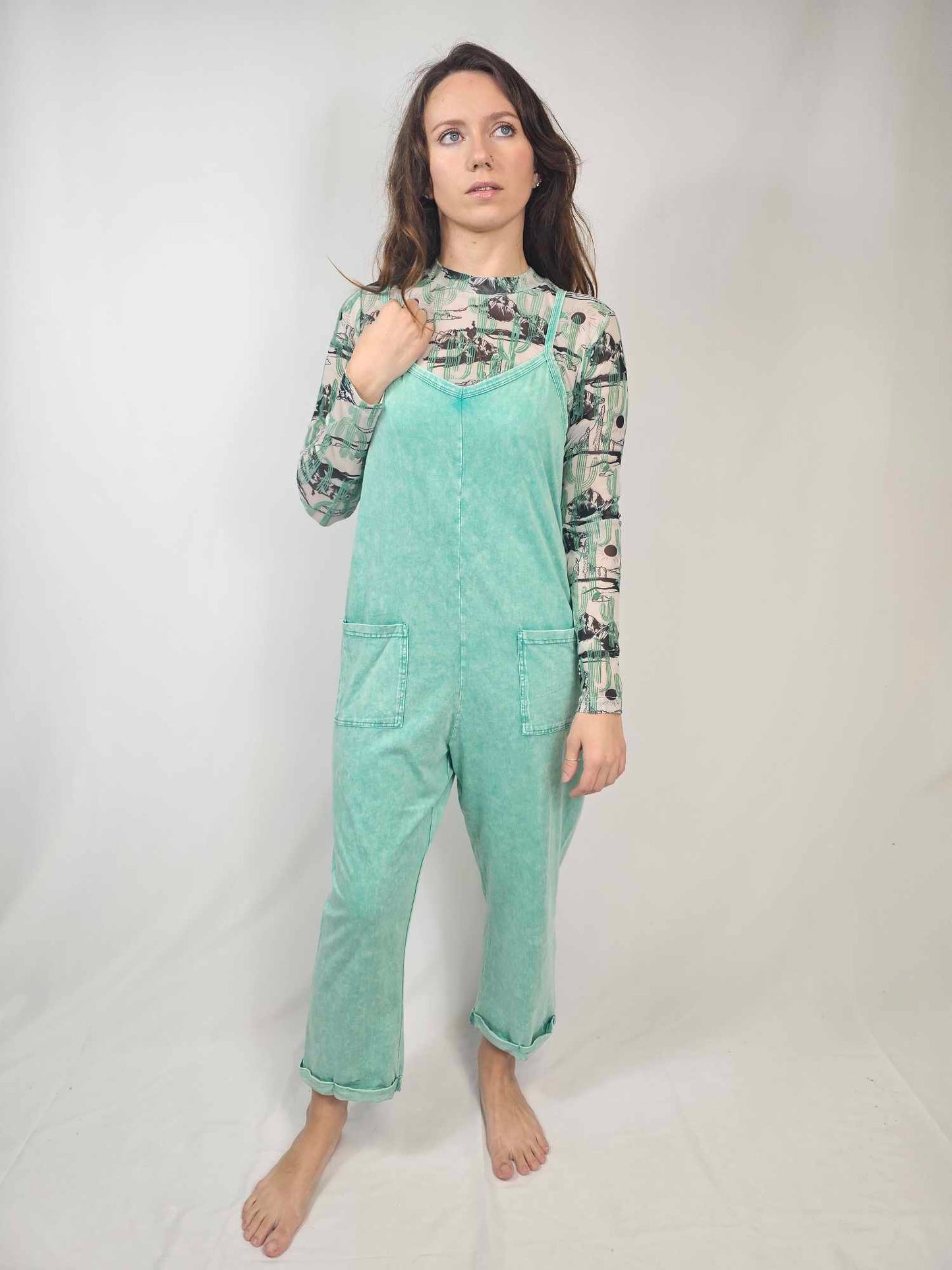 MK470 Acid Washed Jumpsuit - Turquoise