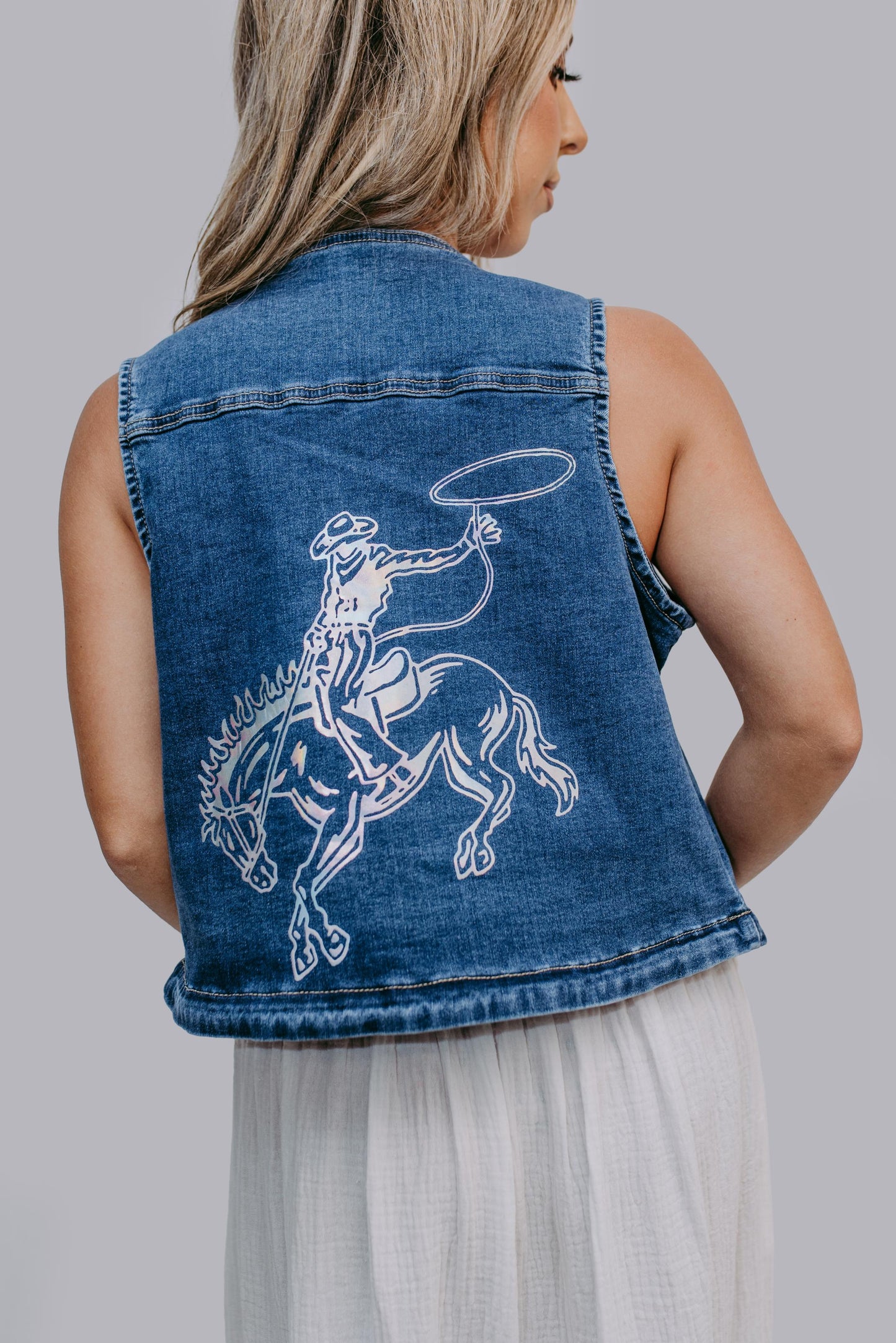 MK411 Gold Foil Bronco Denim Vest - Medium Wash