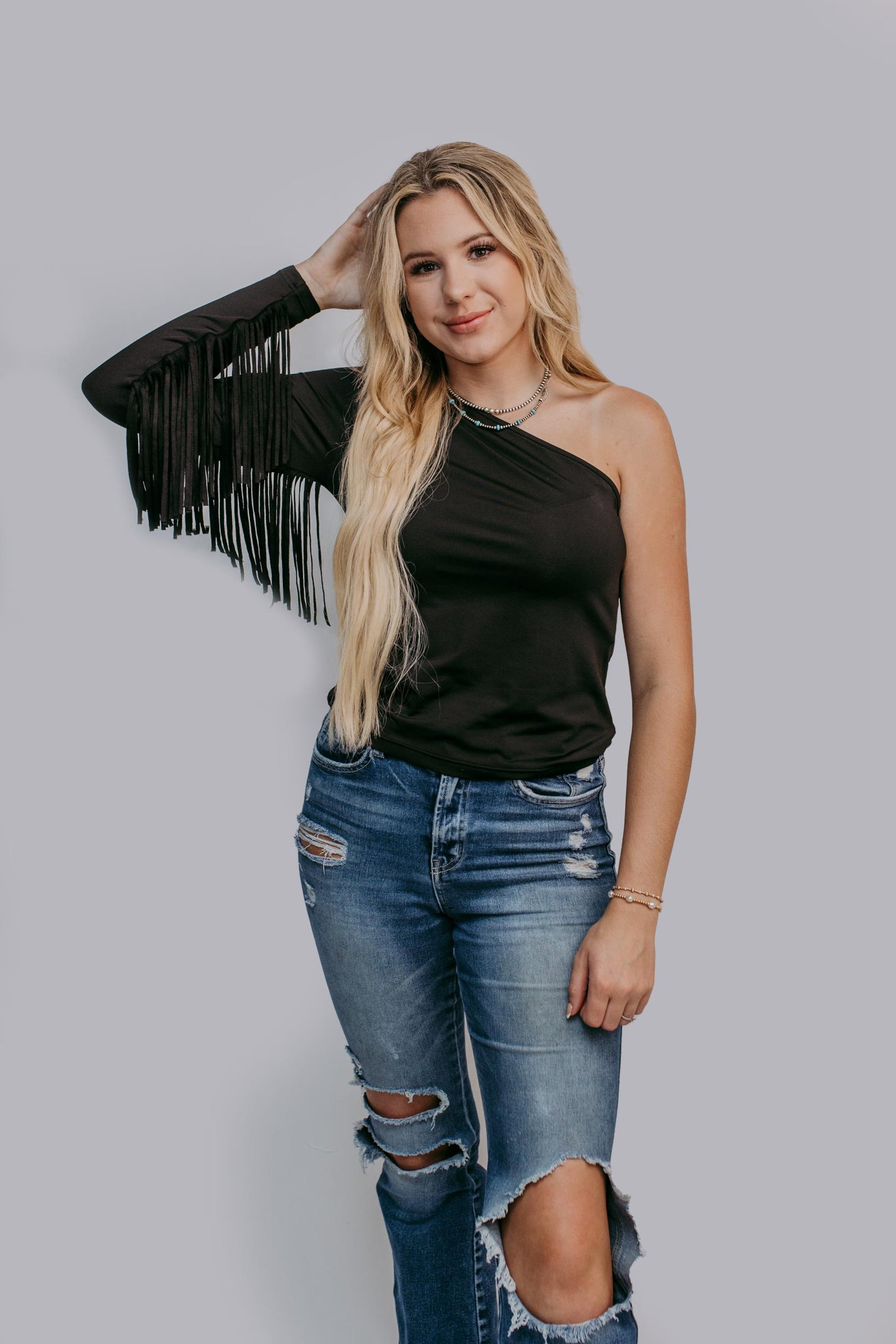 MK594 One Shoulder Fringe Top