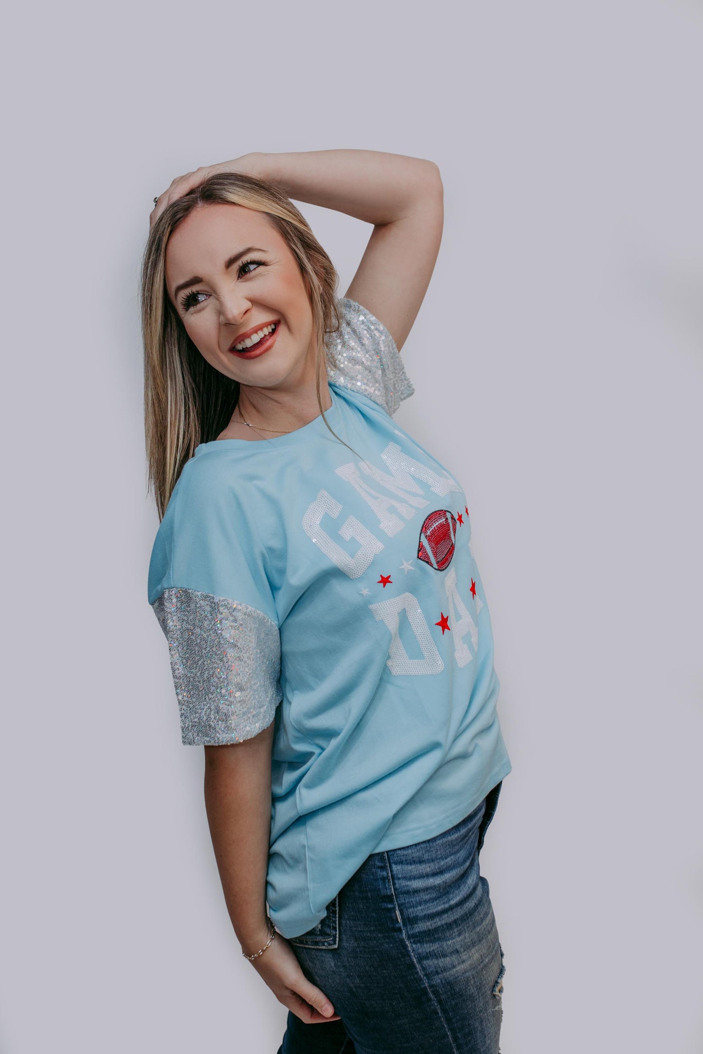 MK489 Sequins Sleeve Game Day Tee - Icy Blue