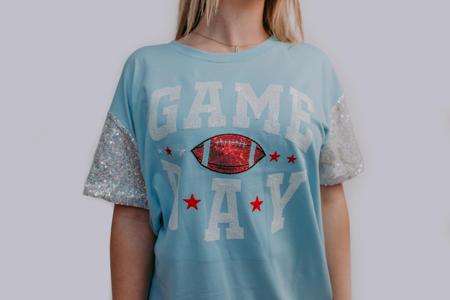 MK489 Sequins Sleeve Game Day Tee - Icy Blue