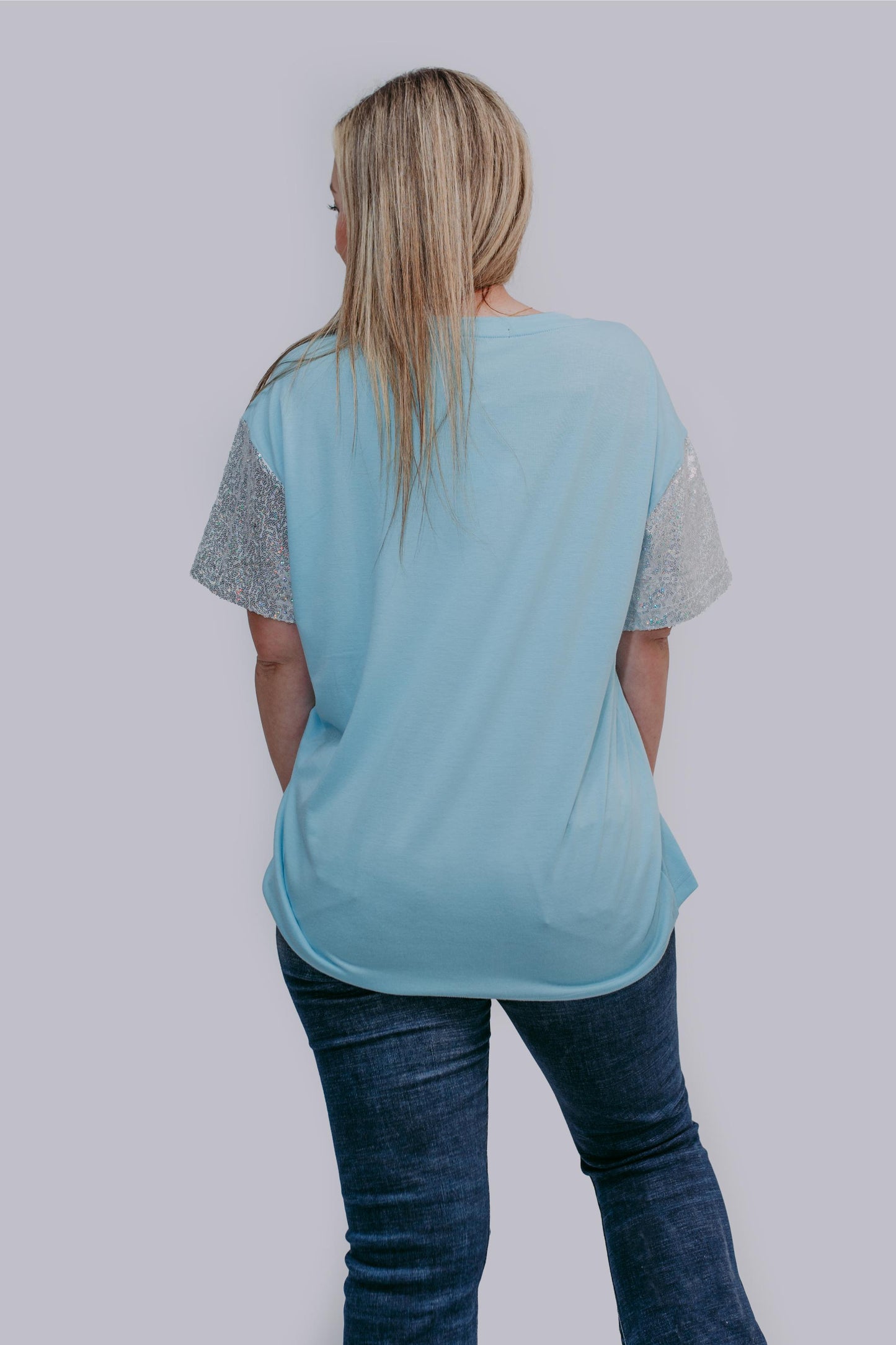 MK489 Sequins Sleeve Game Day Tee - Icy Blue