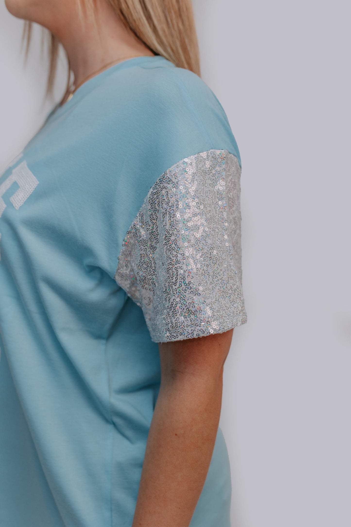 MK489 Sequins Sleeve Game Day Tee - Icy Blue