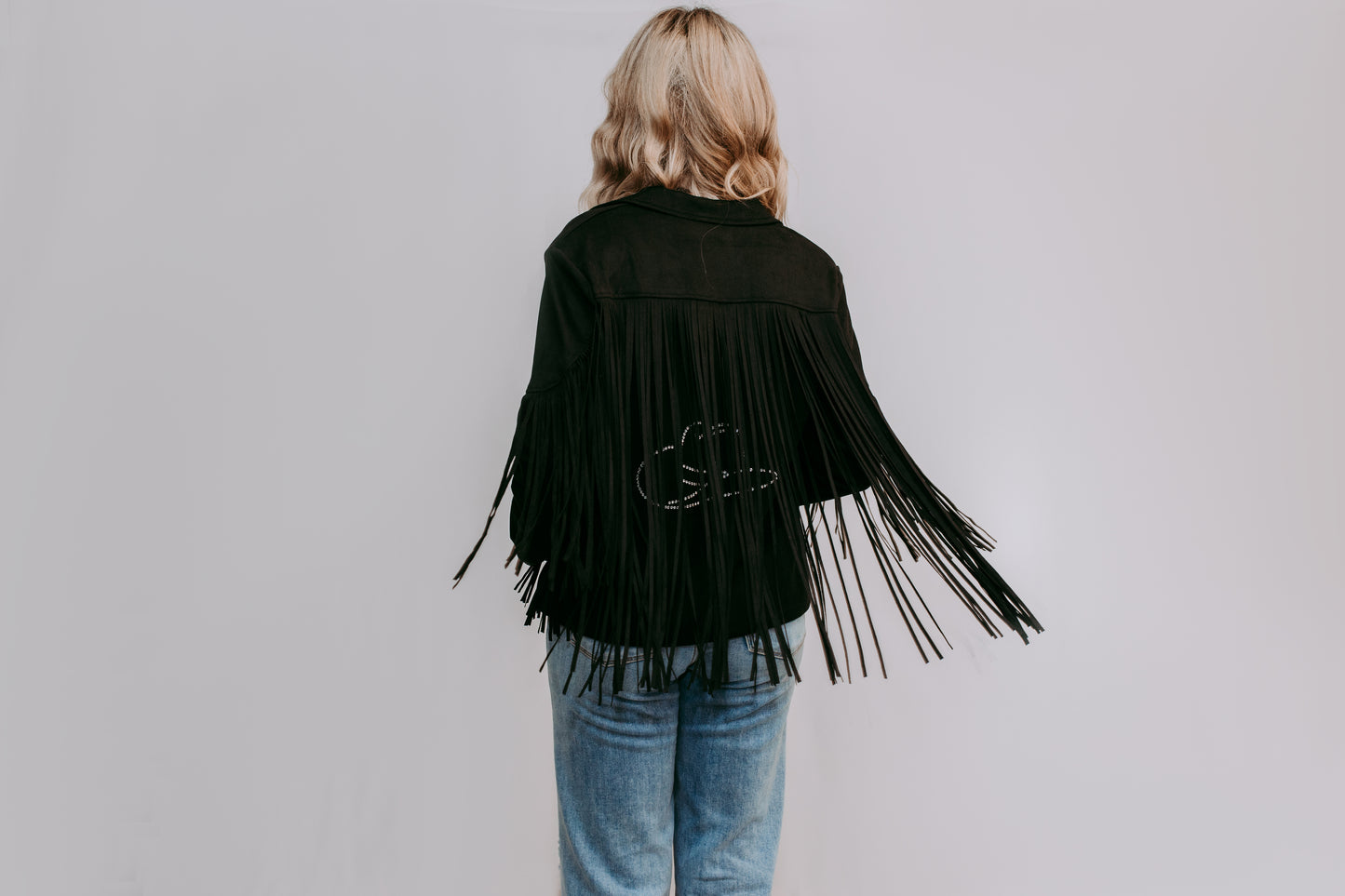 MK208 Deluxe Rhinestone Fringe Vegan Suede Jacket - Black