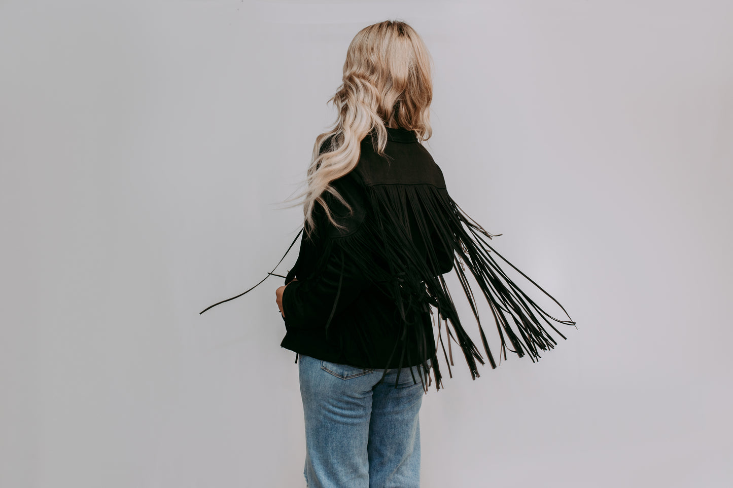 MK208 Deluxe Rhinestone Fringe Vegan Suede Jacket - Black