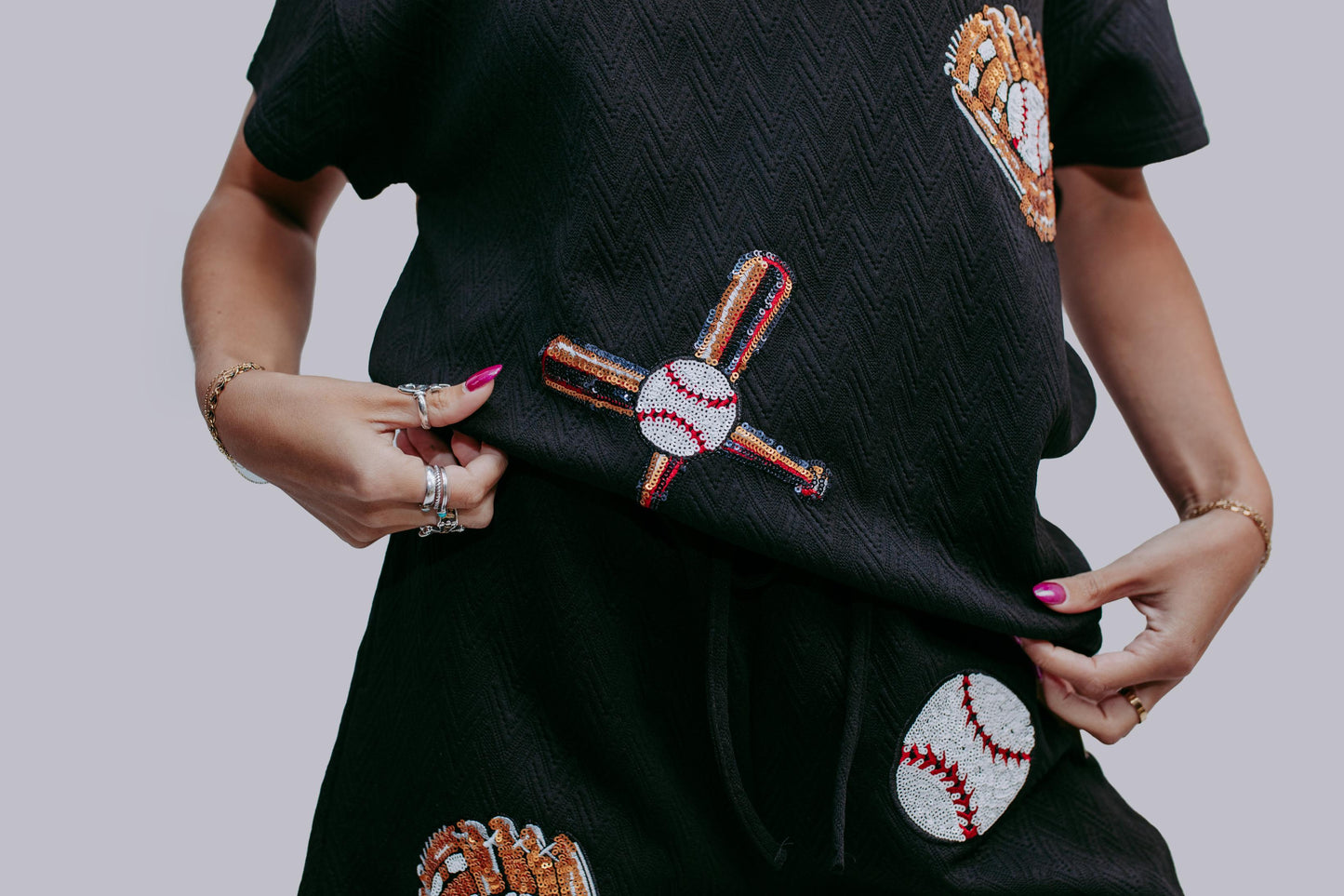 MK591 Sequins Baseball Short Sets