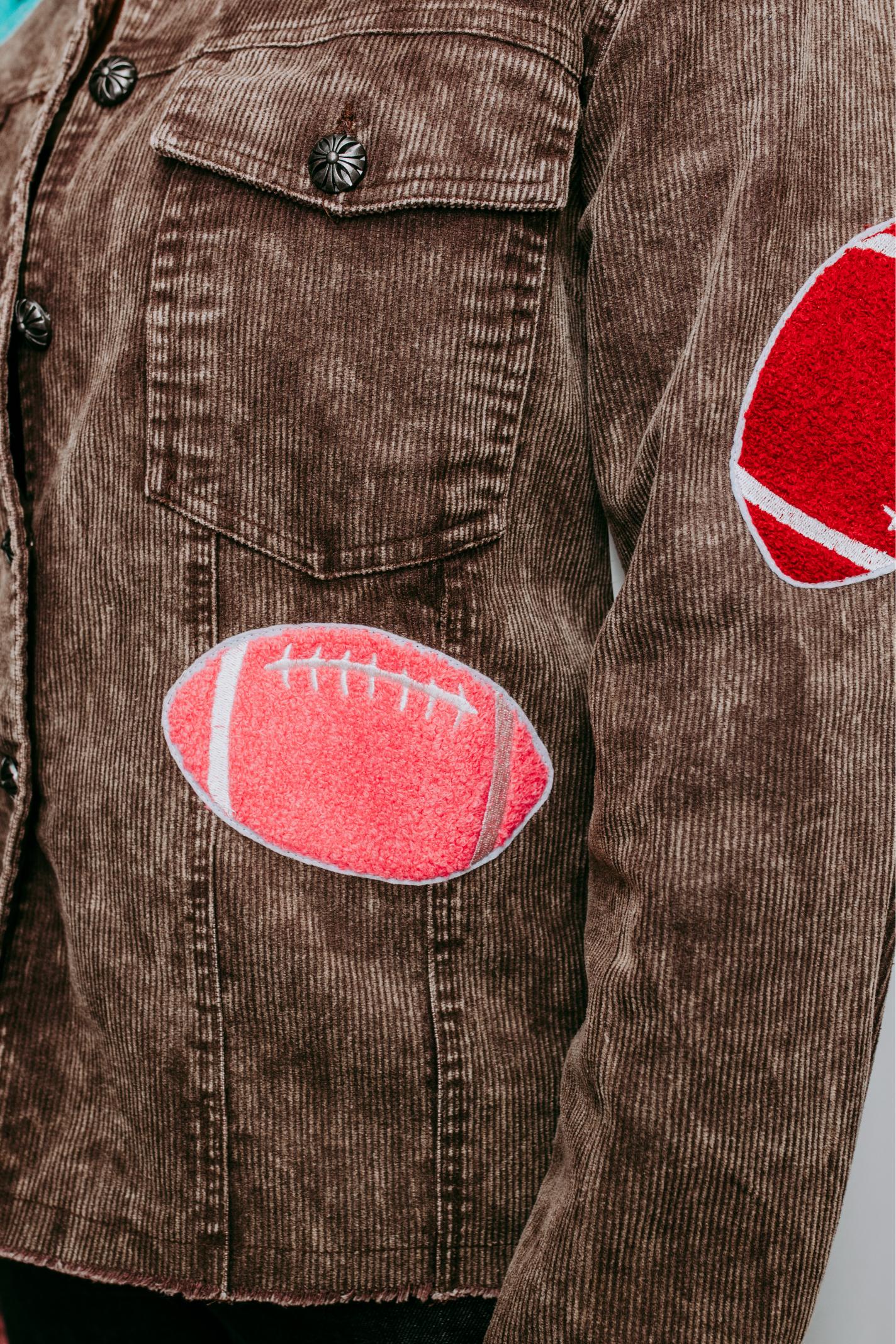 MK504 Acid Washed Corduroy Football Patch Jacket