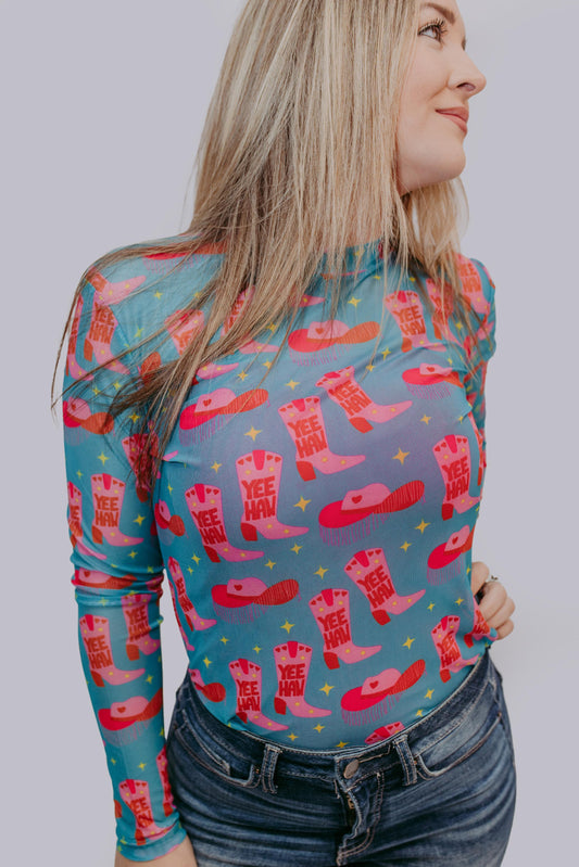 MK165 Yee Haw Long Sleeve Mesh Top - Multi