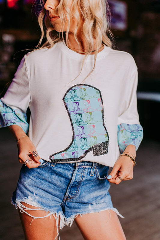 MK354 Cowgirl Boots Sequins Sleeve Tee