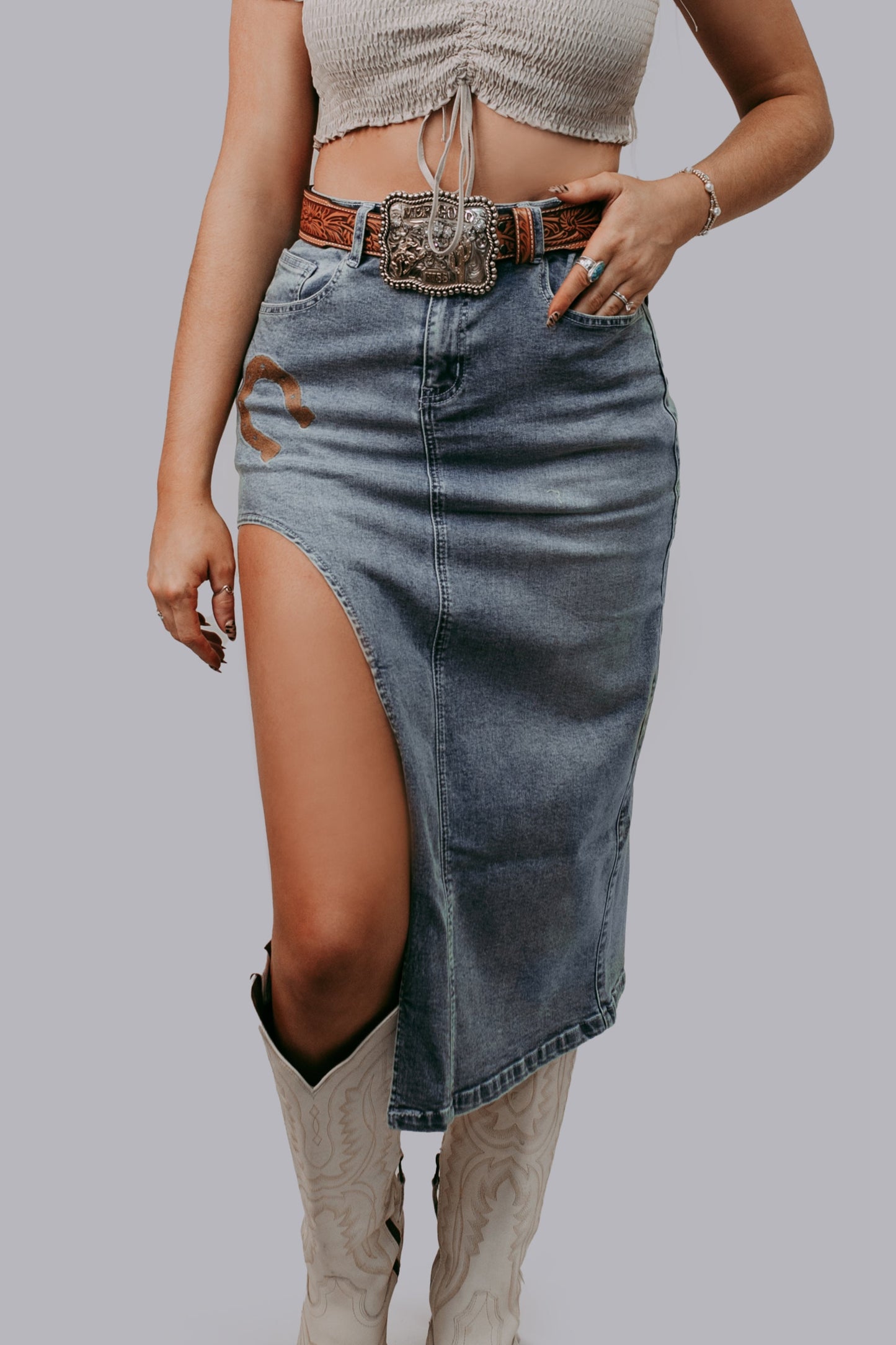 MK637Horse Shoe cut out Denim Skirt