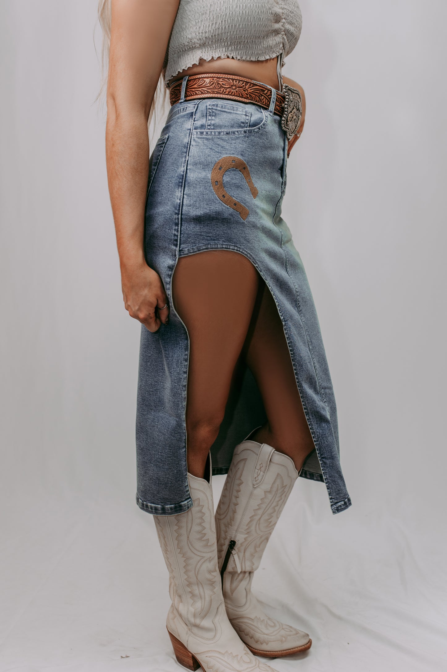 MK637Horse Shoe cut out Denim Skirt