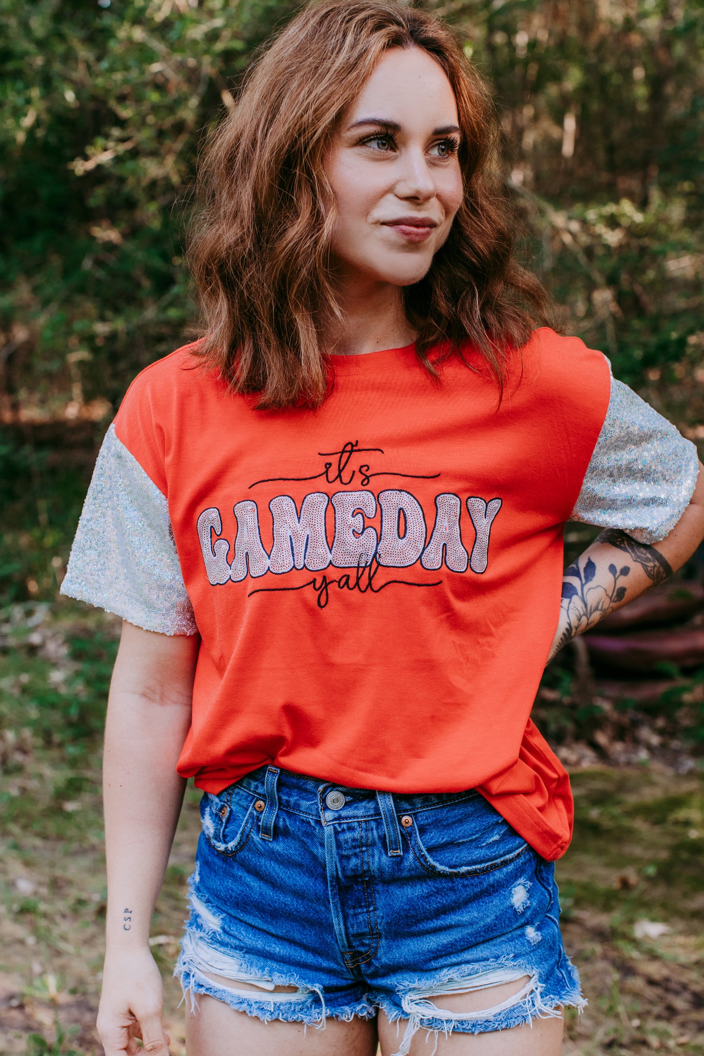 MK489 sequins sleeve Game Day Tee