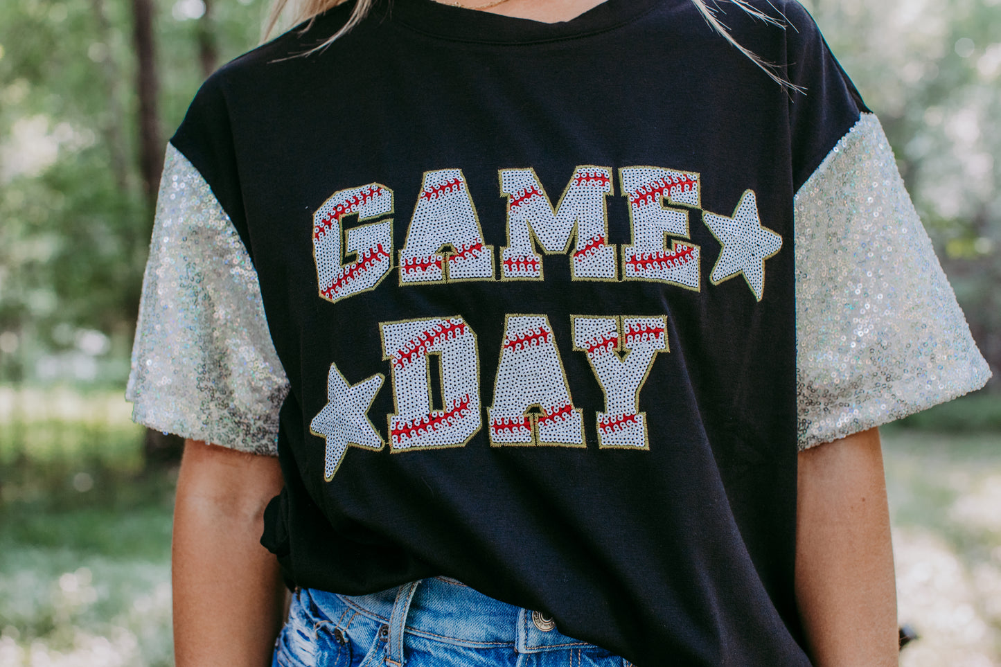 MK489 Sequins Sleeve Game Day Tee - Black