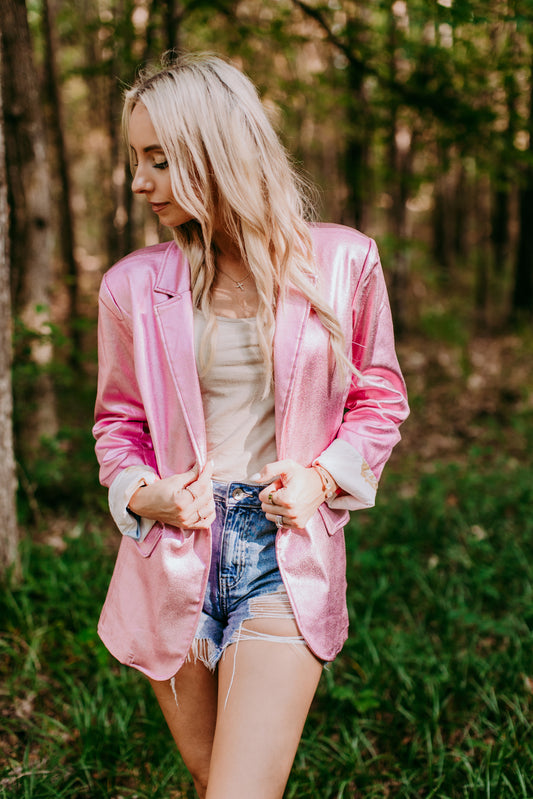 MK505 Metallic Faux Leather Blazer Pink