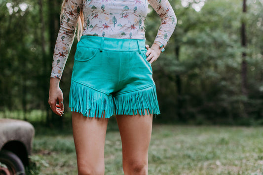 MK313 Dixie Rhinestone Embellished Fringe Shorts - Turquoise