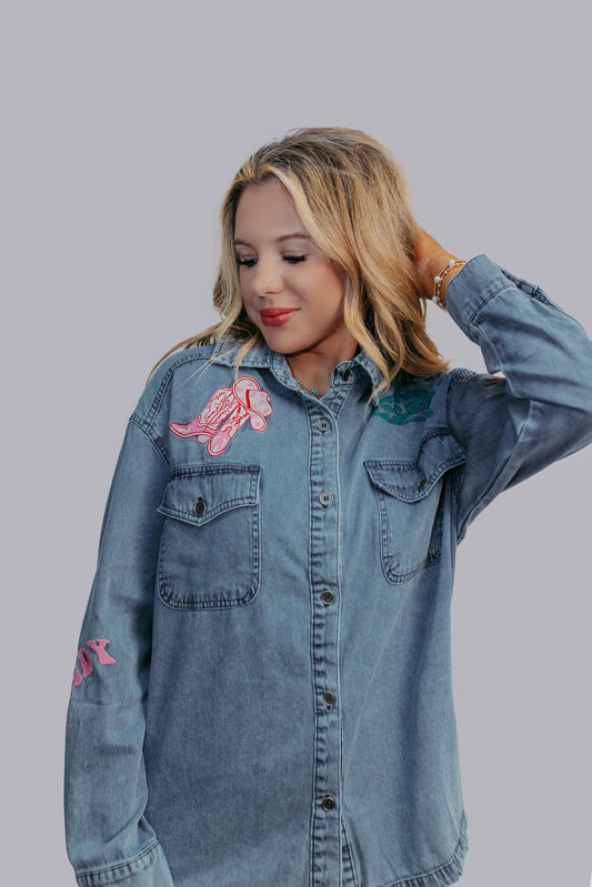 MK522 Giddy Up Embroidery Denim Button Down