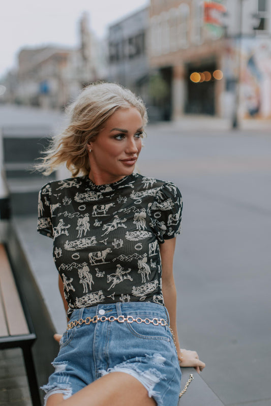 MK702 Puff Short Sleeve Western Scene Mesh