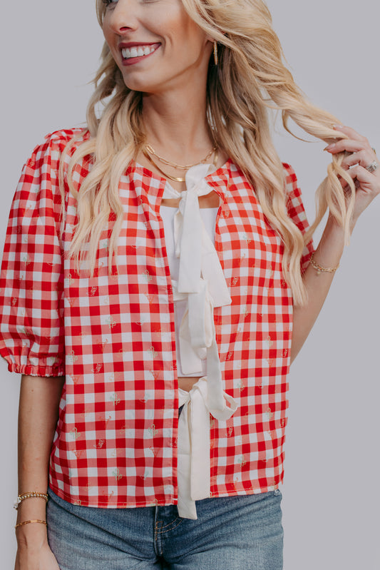 MK621 Plaid Front Tie Blouse