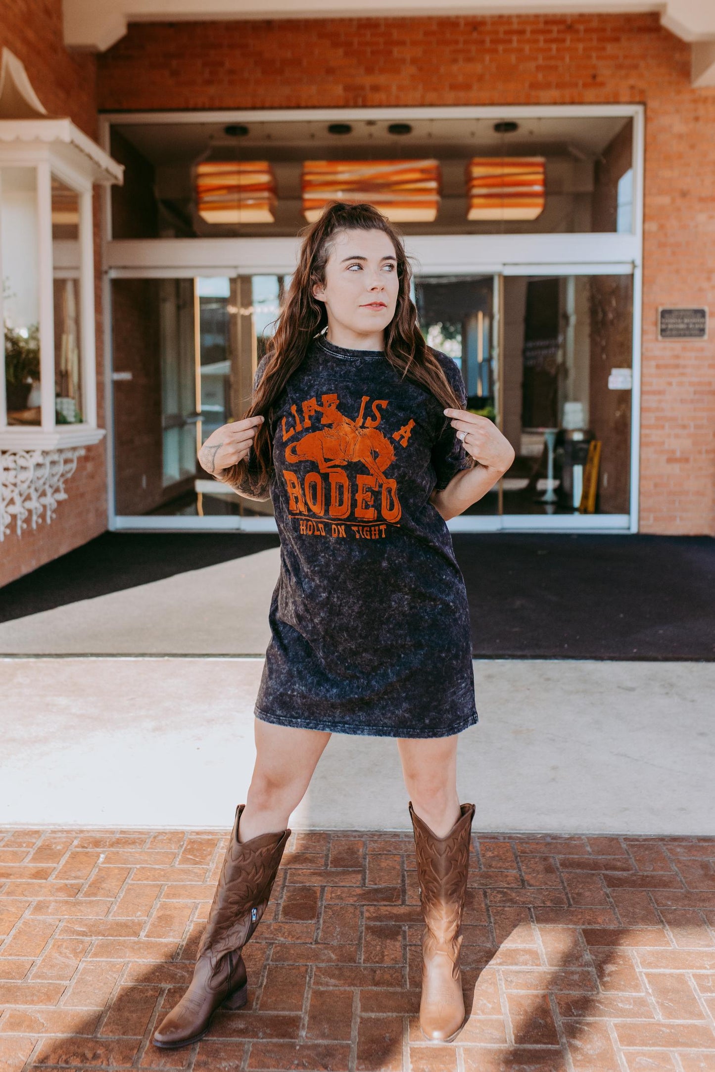 MK351 Life is a Rodeo Mineral Washed Tee Dress - Charcoal