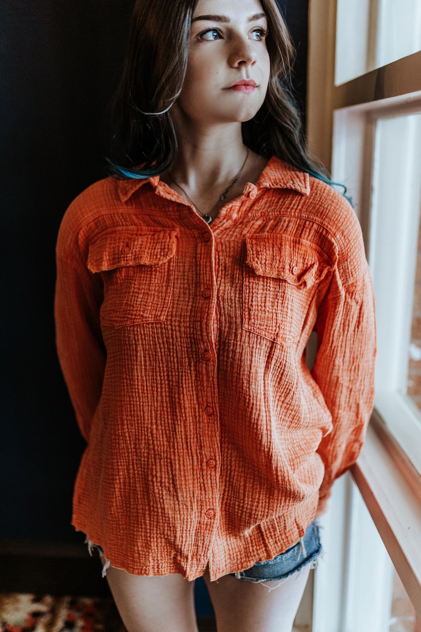 MK316 Quinn Double Gauze Oversized Button Shirt - Orange