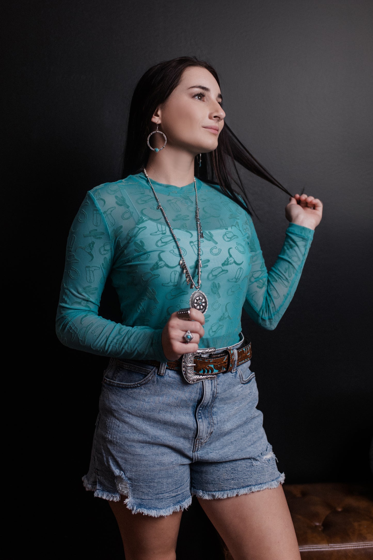 MK534 All About Country 3D LS Mesh Top - Turquoise