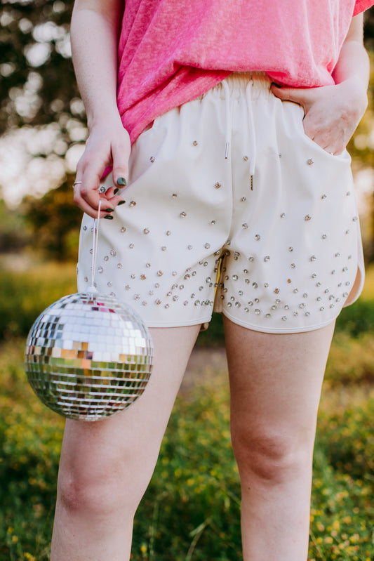 MK328 Sundance Rhinestone Faux Leather Shorts - Cream