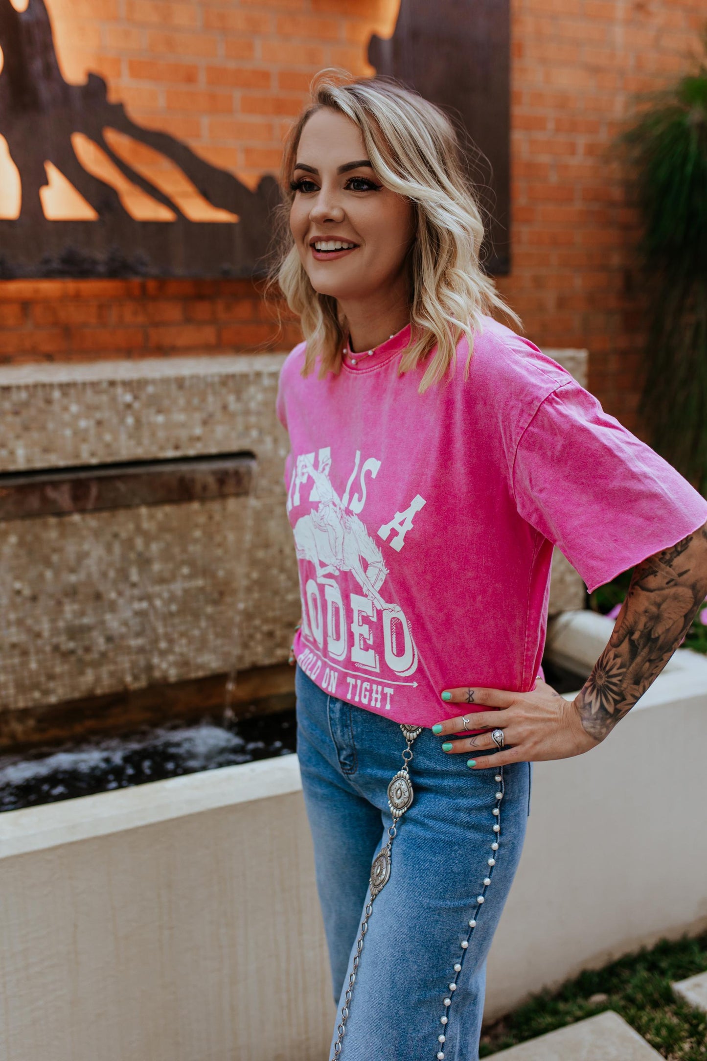 MK349 Life is a Rodeo Mineral Washed Tee - Pink