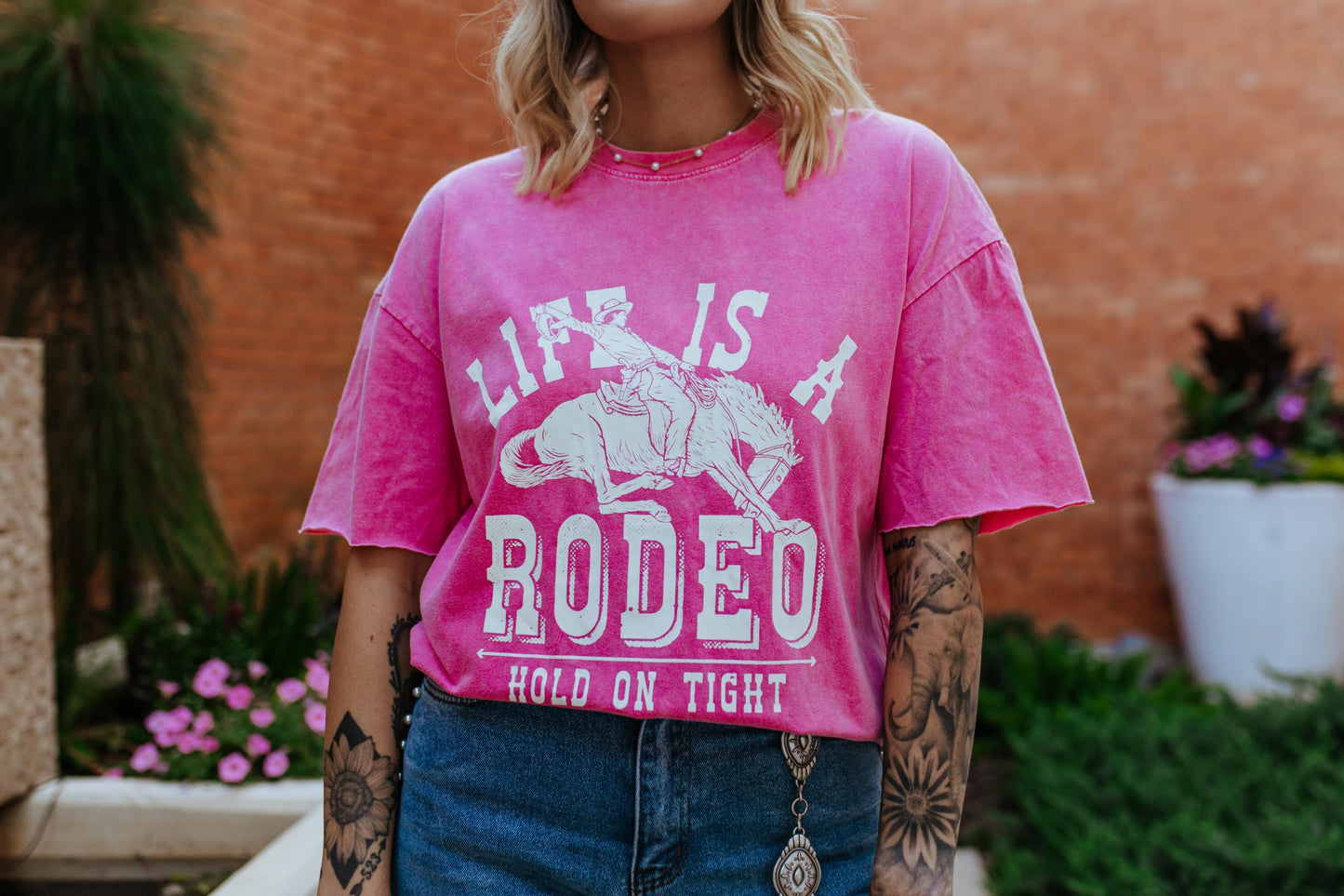 MK349 Life is a Rodeo Mineral Washed Tee - Pink