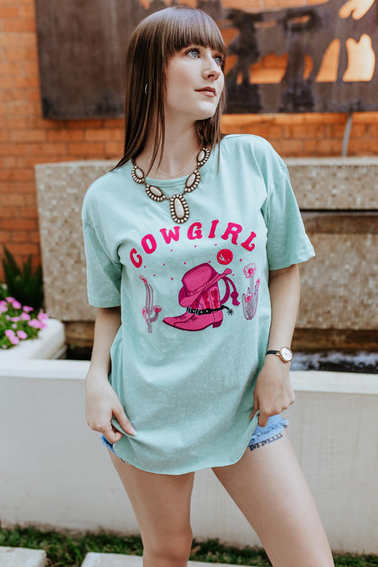 MK226 Azalea Cowgirl Embroidered Round Hem Tee