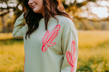 MK371 Cactus Line Embroidery Long sleeve Tee - Green