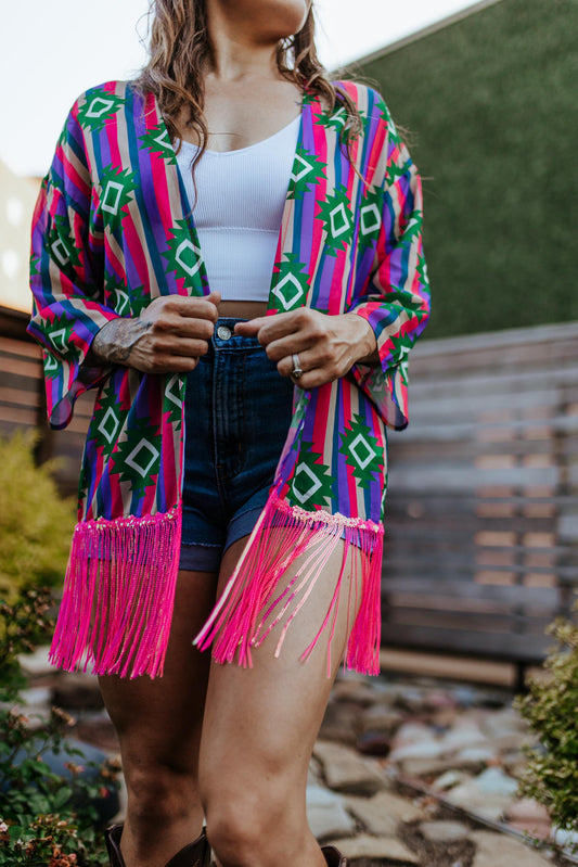 MK364 Guadalupe Sheer Aztec Kimono with Sequin Fringe