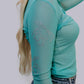 MK426 Dylan brown Rhinestone Embellished Mesh LS Top - Turquoise