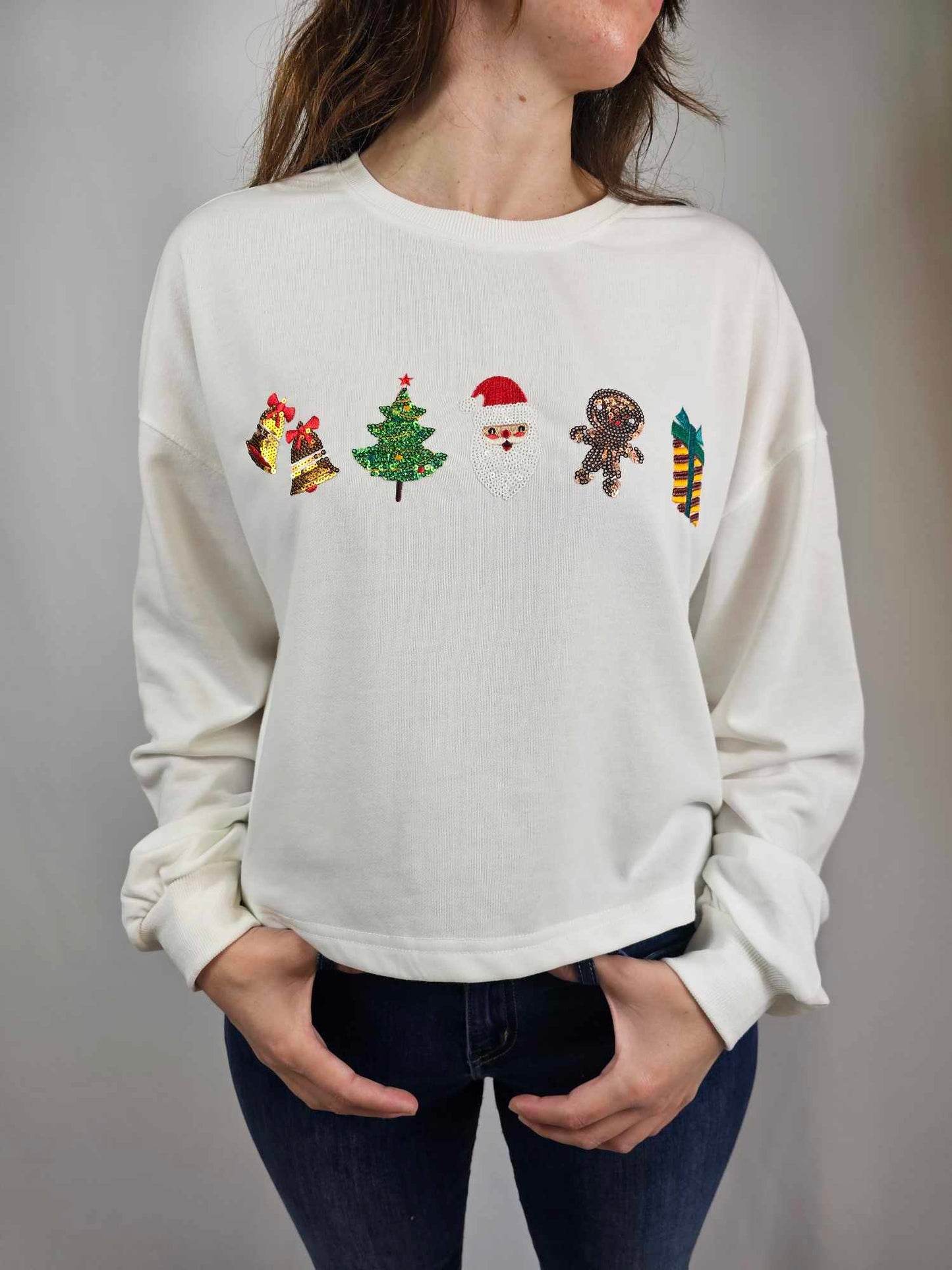 MK580 Sequin Santa Christmas LS Crop Tee