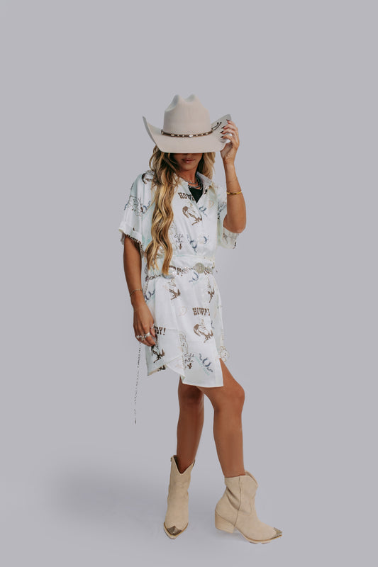 MK648 Cowgirl Satin Shirt Romper Dress PLUS