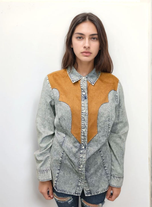 MK778 Denim Pearl Snap Button Down Shirt