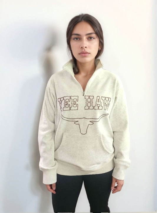 MK777 Yee Haw Embroidery Half Zip Sweatshirt
