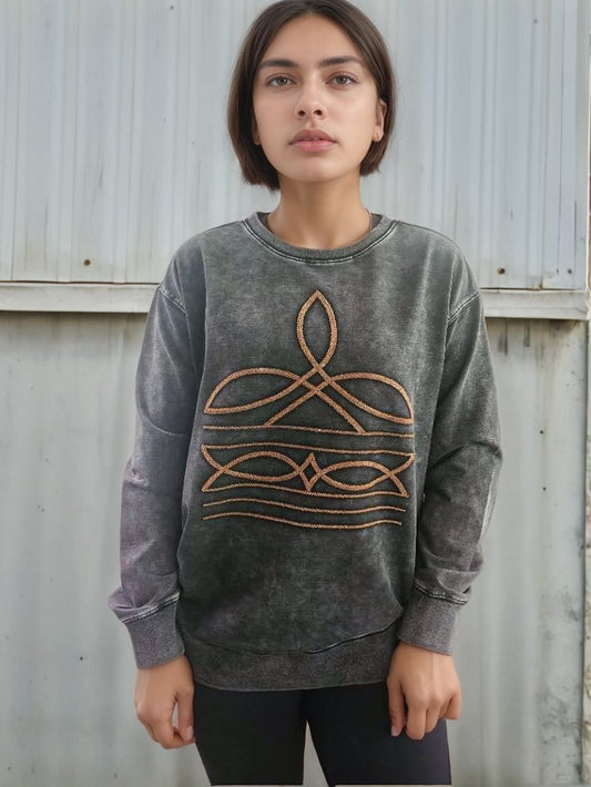 MK813 Sequin Boot Stitch Acid Washed Sweatshirt