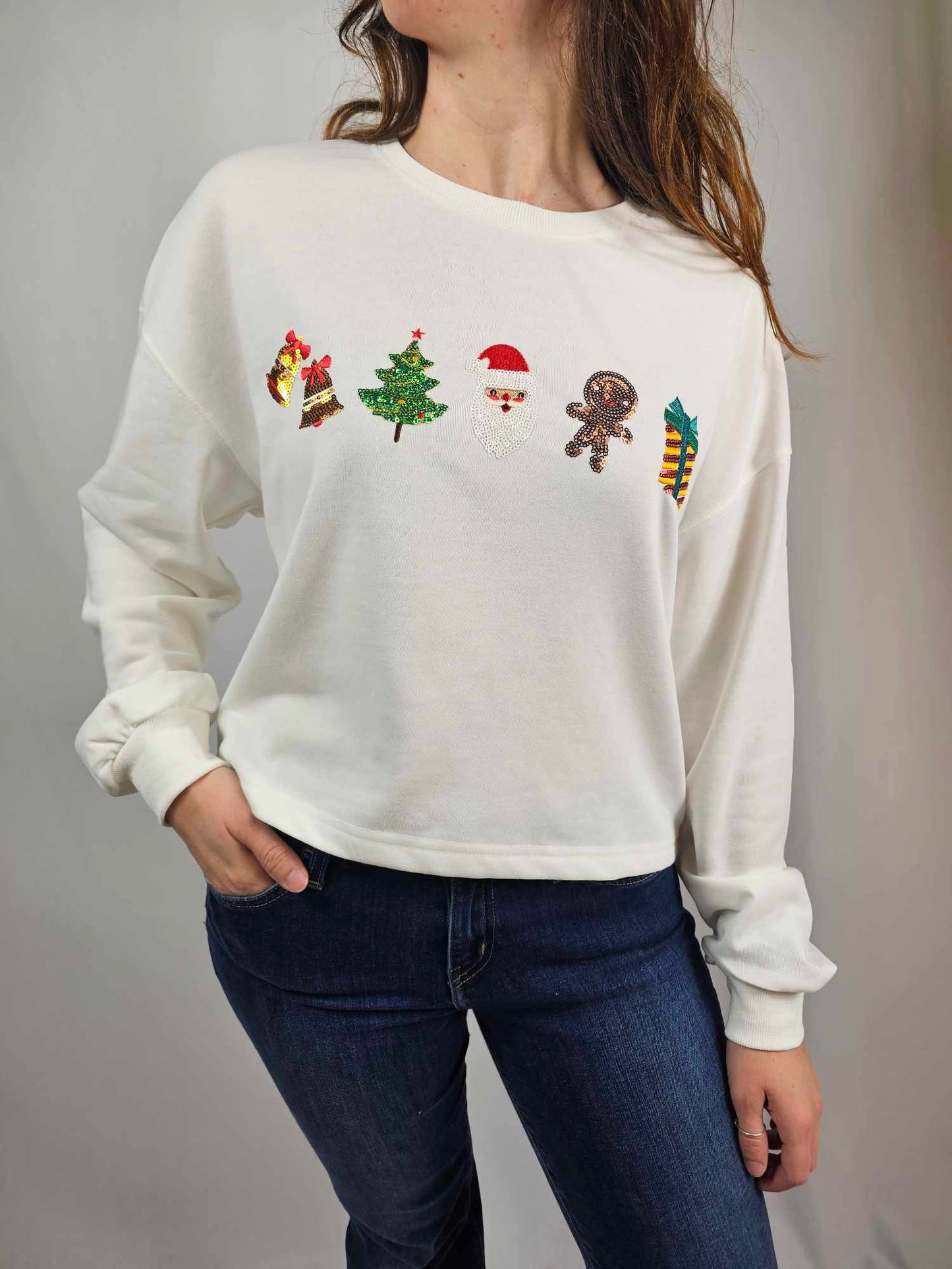 MK580 Sequin Santa Christmas LS Crop Tee